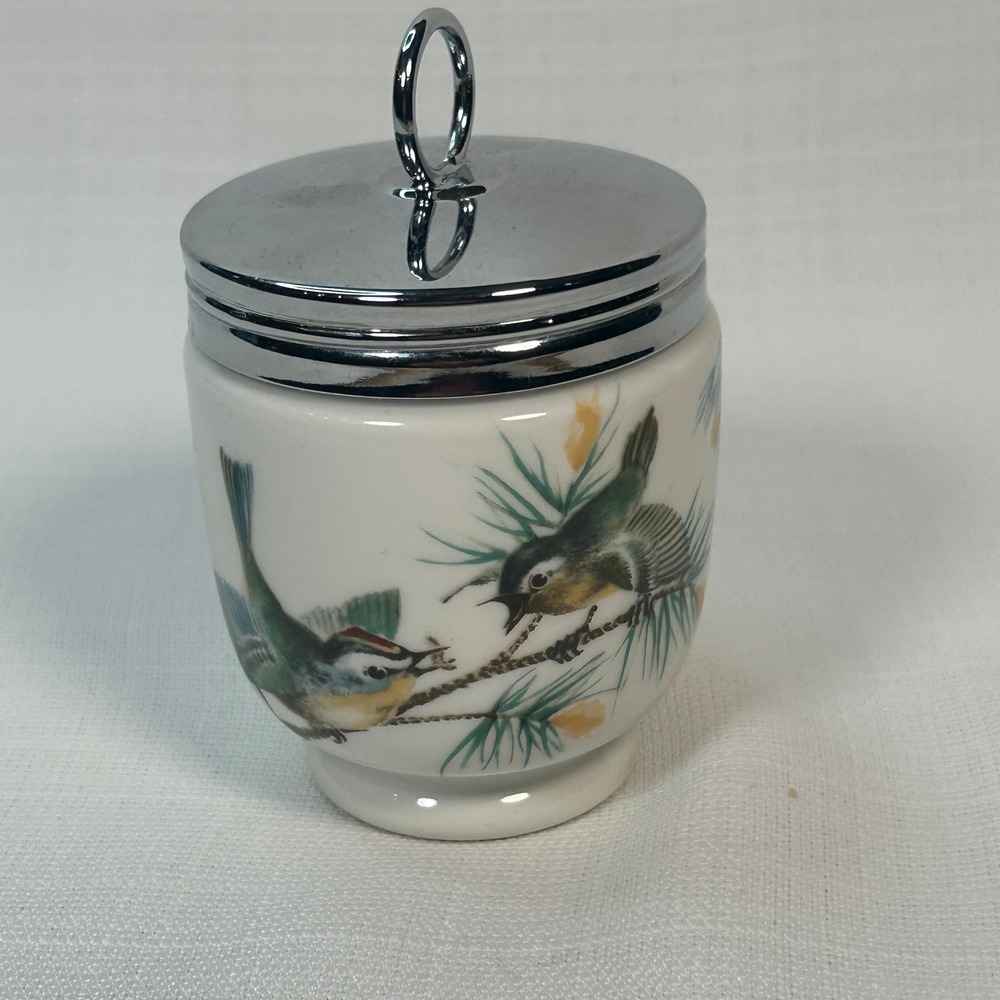 Vintage Royal Worcester Egg Porcelain Coddler Wren Finch Bird England Chrome Lid